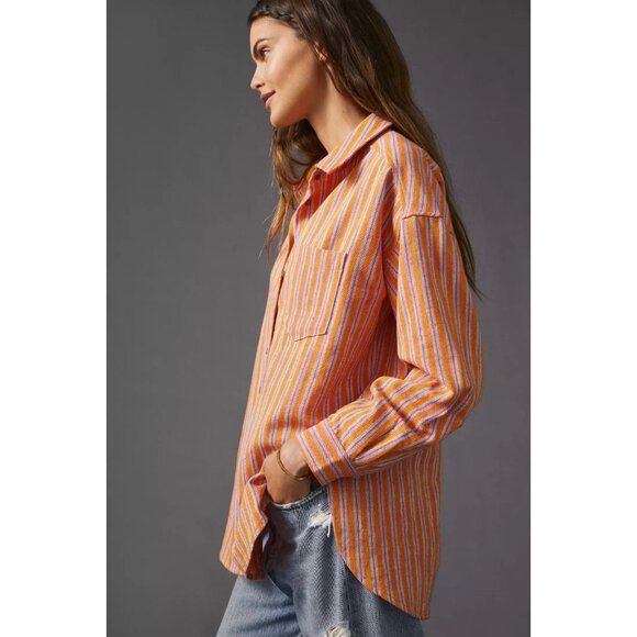 PILCRO Oxford Tunic Orange Pink Striped Cotton Linen Button Down Shirt, Size XS - Picture 2 of 16
